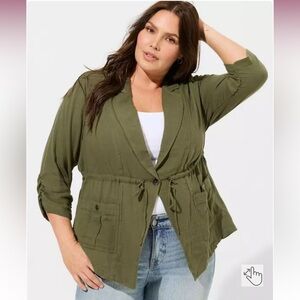 Dual Fold Utility Drape Front Jacket- Olive Green